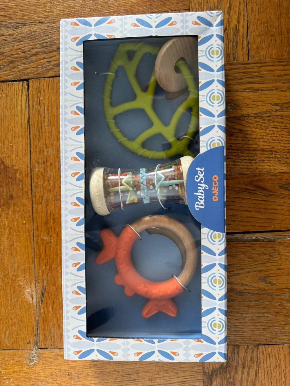 Djeco BabySet Teething & Rattle Trio in Green and Orange